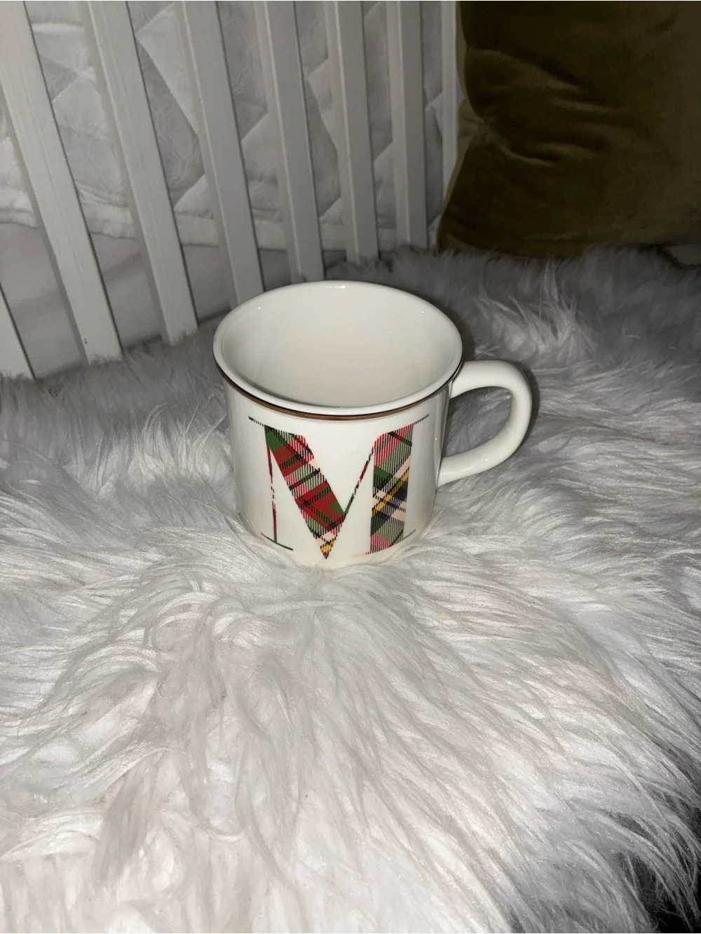 Like New Pottery Barn Plaid Alphabet Stoneware Mug featuring the letter 
